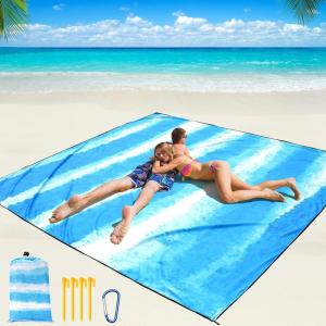 imageBeach Blanket Waterproof Sandproof Beach Mat 79quot X 83quot10x9for 28 Adults Quick Drying Outdoor Picnic Mat Beach Accessories for Travel Camping HikingBlue and White Stripes