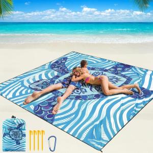 imageBeach Blanket Waterproof Sandproof Beach Mat 79quot X 83quot10x9for 28 Adults Quick Drying Outdoor Picnic Mat Beach Accessories for Travel Camping HikingBlue Sea Turtle  Line Base