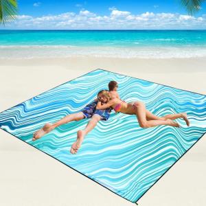 imageBeach Blanket Waterproof Sandproof Beach Mat 79quot X 83quot10x9for 28 Adults Quick Drying Outdoor Picnic Mat Beach Accessories for Travel Camping HikingWavy Line  Bluegreen Gradient
