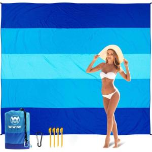 imageBeach Blanket Sandproof Extra Large Beach Mat Adults Waterproof Quick Drying Sand Free Mat Made by Premium Polyester with 4 Stakes amp 4 Corner Pockets for Outdoor Travel Camping Hiking5 Blue Striped