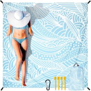 imageBeach Blanket Sandproof Extra Large Beach Mat Adults Waterproof Quick Drying Sand Free Mat Made by Premium Polyester with 4 Stakes amp 4 Corner Pockets for Outdoor Travel Camping HikingRippleblue