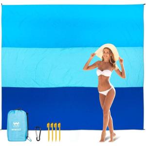 imageBeach Blanket Sandproof Extra Large Beach Mat Adults Waterproof Quick Drying Sand Free Mat Made by Premium Polyester with 4 Stakes amp 4 Corner Pockets for Outdoor Travel Camping Hiking3 Blue Striped
