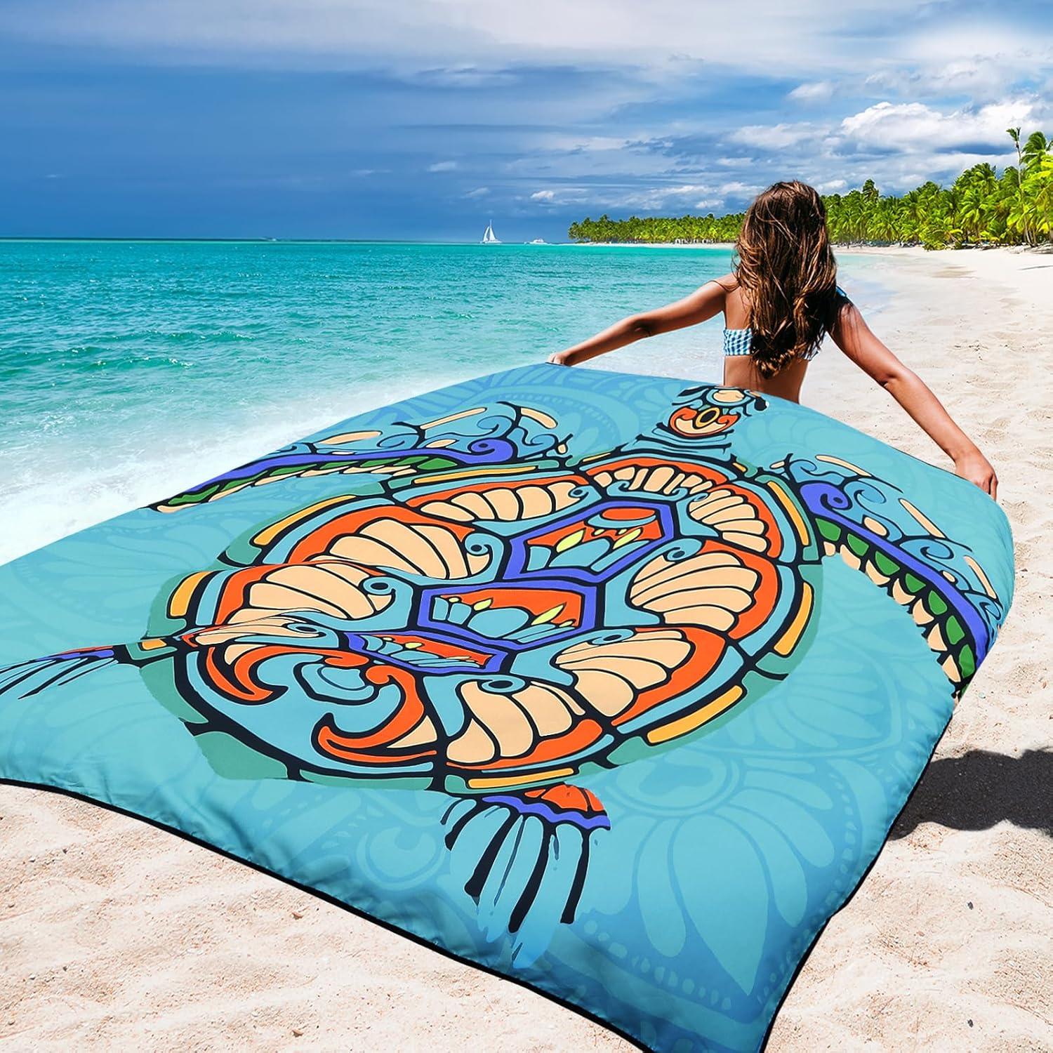 imageBeach Blanket Waterproof Sandproof Beach Mat 79 X 8310x9for 28 Adults Quick Drying Outdoor Picnic Mat Beach Accessories for Travel Camping HikingColorful Sea Turtlemandala Bottom