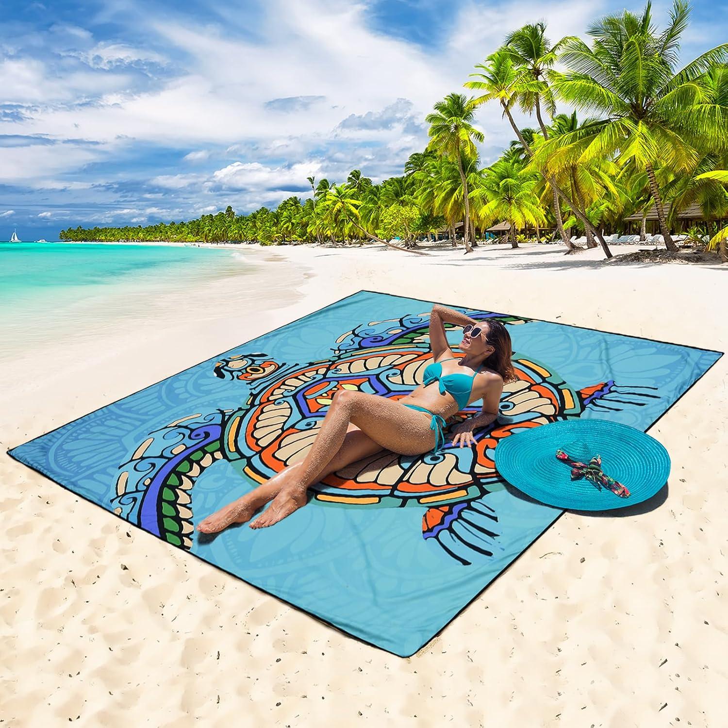 imageBeach Blanket Waterproof Sandproof Beach Mat 79 X 8310x9for 28 Adults Quick Drying Outdoor Picnic Mat Beach Accessories for Travel Camping HikingColorful Sea Turtlemandala Bottom