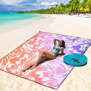 imageBeach Blanket Waterproof Sandproof Beach Mat 79 X 8310x9for 28 Adults Quick Drying Outdoor Picnic Mat Beach Accessories for Travel Camping HikingBig Flowerorange and Purple Gradient