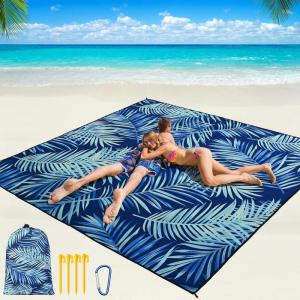 imageBeach Blanket Waterproof Sandproof Beach Mat 79 X 8310x9for 28 Adults Quick Drying Outdoor Picnic Mat Beach Accessories for Travel Camping HikingLeaves Blue
